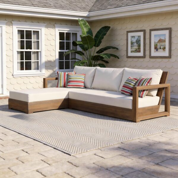 Sofá Seccional para Patio Christopher Knight Home 388137 en Forma de L Madera de Acacia 3 Plazas Beige y Marrón