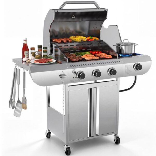Parrilla de Gas Propano Electactic 00031GBA0-2 3 Quemadores con Quemador Lateral 34000 BTU Acero Inoxidable
