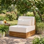 Silla de Club para Exteriores Merax Marco de Madera de Acacia Maciza Acabado Natural Cojines Beige 35.04 x 38.78 x 25.20