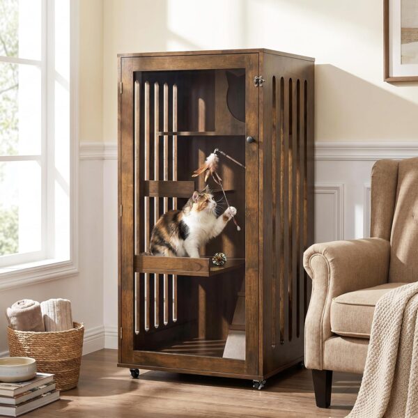 Gabinete para Gatos Christopher Knight Home Basia Modelo 389568 Madera de Caucho Multinivel con Ruedas Acabado Brown Oak
