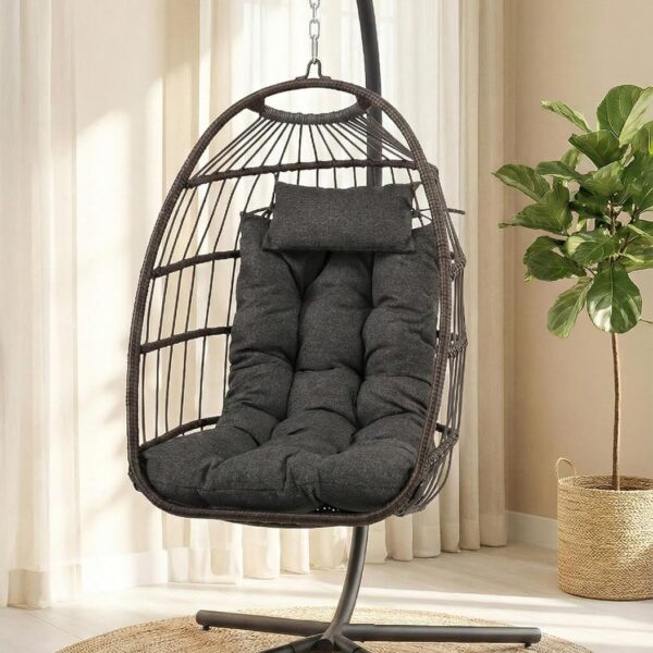 Silla Colgante SereneLife SLSWC27DGY Tipo Huevo con Base Plegable Gris Oscuro Capacidad 350 libras
