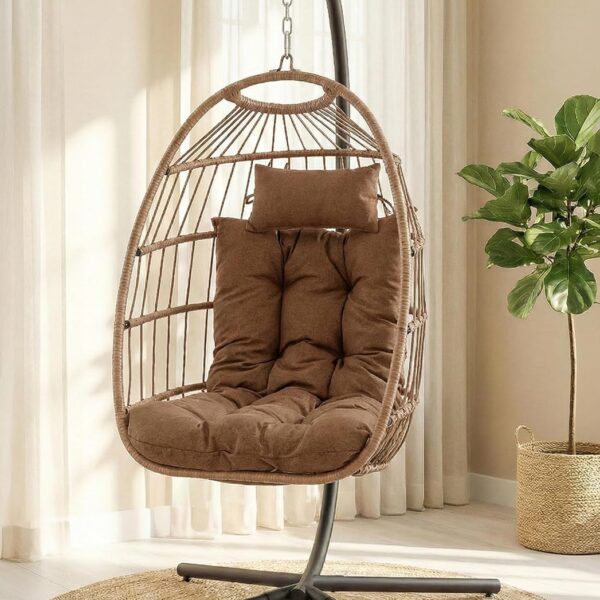 Silla Colgante SereneLife SLSWC27BR Tipo Huevo Plegable con Base Color Café Capacidad 350 libras