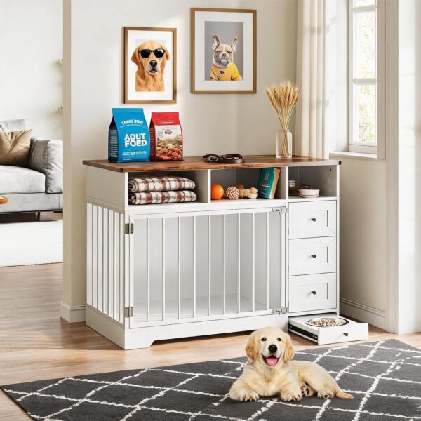 Perrera Mueble para Perros Fectiontool 48 Pulgadas con 6 Cajones y Cuenco Oculto Madera de Ingeniería Blanco
