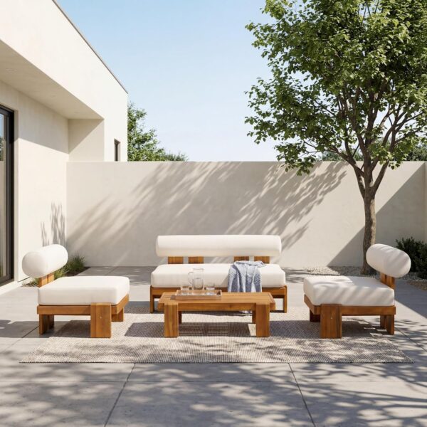 Juego de Conversación de Patio Merax 4 Piezas Marco de Madera de Acacia Cojines Impermeables Beige Teca