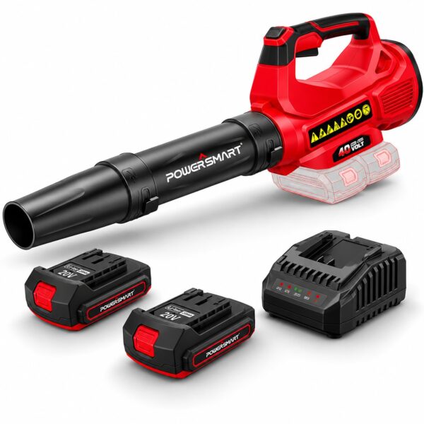 Soplador de Hojas Inalámbrico PowerSmart DB2201B 40V 650 CFM 130 MPH Rojo con 2 Baterías 20V 2.0Ah