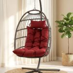 Silla Colgante SereneLife SWC888R.6 Forma de Huevo Ratán de Mimbre Rojo Oscuro con Soporte Capacidad 350 Libras