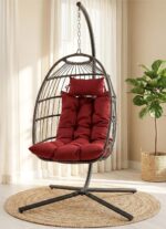Silla Colgante SereneLife SWC888R.6 Forma de Huevo Ratán de Mimbre Rojo Oscuro con Soporte Capacidad 350 Libras
