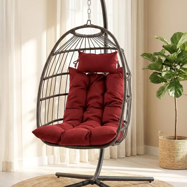 Silla Colgante SereneLife SWC888R.6 Forma de Huevo Ratán de Mimbre Rojo Oscuro con Soporte Capacidad 350 Libras