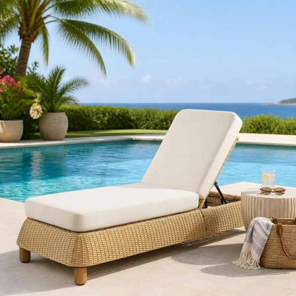 Tumbona Merax HA2655 de Mimbre para Patio con Cojín Beige Respaldo Ajustable 6 Posiciones 76.97 Pulgadas Patas de Madera