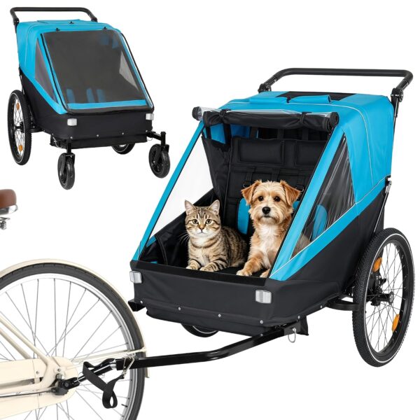 Remolque y Carriola 2 en 1 para Perros y Gatos Yafylly K-TC-BL Azul con Arnés de 5 Puntos y Llantas de Aire de 20 Pulgad