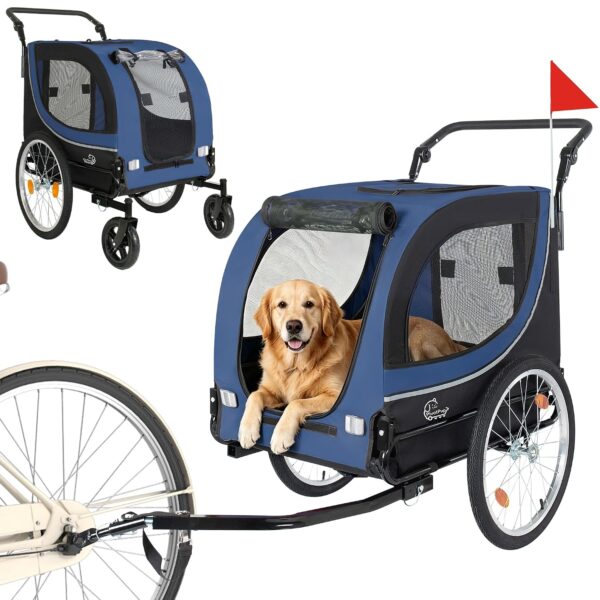 Remolque y Carreola para Mascotas 2 en 1 Yafylly J-TC-BL Azul Oscuro Ruedas 20 Pulgadas Cabina de Malla Cubierta PVC Has