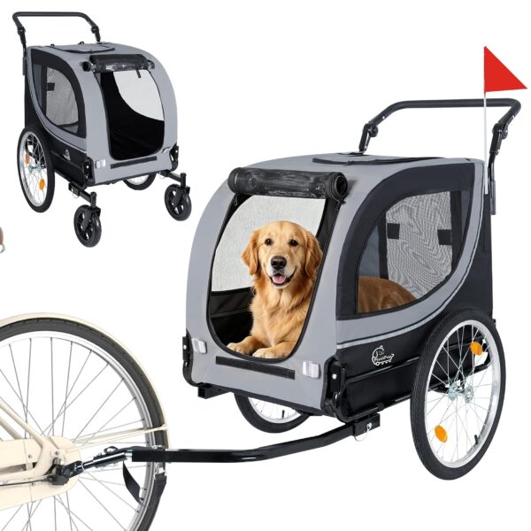 Remolque de Bicicleta para Perros 2 en 1 Yafylly J-TC-GR Cochecito Plegable Ruedas Delanteras Dobles de 8 Pulgadas Rueda