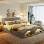 Base de Cama Tapizada Merax bedframe26052701 Tamaño Queen con Cuevas Dobles para Gatos y Cabecero Terciopelo Gris