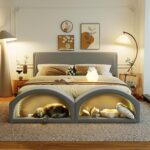 Base de Cama Tapizada Merax bedframe26052701 Tamaño Queen con Cuevas Dobles para Gatos y Cabecero Terciopelo Gris