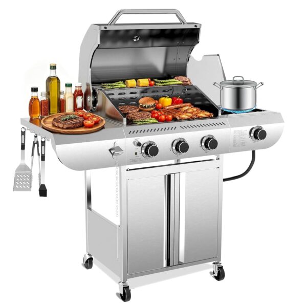Parrilla de Gas Propano Kismile BA0031B 3 Quemadores 34000 BTU Acero Inoxidable con Quemador Lateral