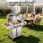 Parrilla de Gas Propano Kismile BA0031B 3 Quemadores 34000 BTU Acero Inoxidable con Quemador Lateral