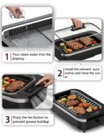 COWSAR - Parrilla sin humo para interiores, parrilla eléctrica de 1500 W con tapa de vidrio templado y bandeja de goteo,