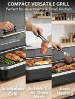 COWSAR - Parrilla sin humo para interiores, parrilla eléctrica de 1500 W con tapa de vidrio templado y bandeja de goteo,
