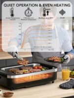 COWSAR - Parrilla sin humo para interiores, parrilla eléctrica de 1500 W con tapa de vidrio templado y bandeja de goteo,