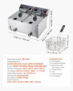 VEVOR Freidora eléctrica comercial, tanque doble de 19 cuartos de galón, freidora de encimera de acero inoxidable de 350