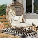 Silla de Mimbre Tipo Huevo Garvee con Otomana Ratán Beige Oversize Dimensiones 57.09 x 31.5 x 23.62 Pulgadas