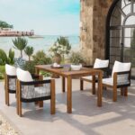 Juego de Comedor Merax 5 Piezas Madera de Acacia Sillas Tejidas de Cuerda para 4 Personas Patio Exterior