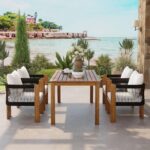 Juego de Comedor Merax 5 Piezas Madera de Acacia Sillas Tejidas de Cuerda para 4 Personas Patio Exterior