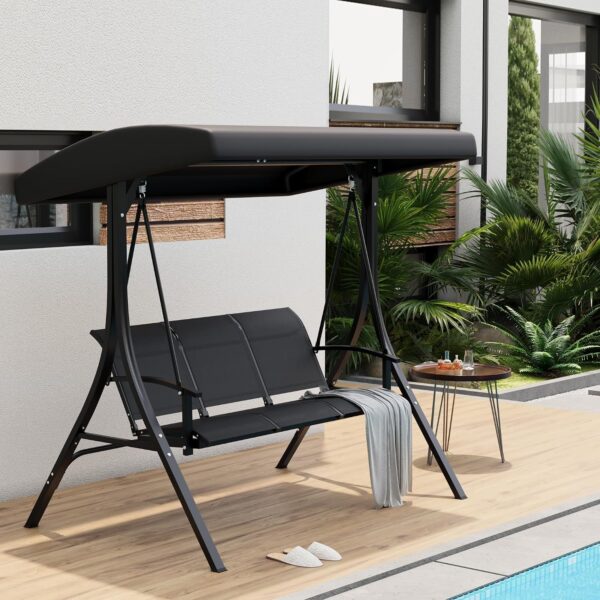 Silla Columpio Garvee 3 Asientos con Toldo Ajustable Marco de Hierro Color Negro para Patio Jardín Piscina