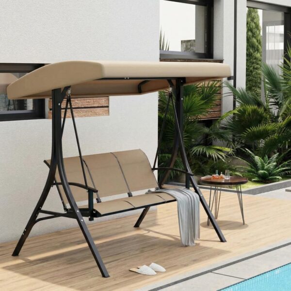 Columpio de Patio Garvee aRe-B4iOTW8-sN60Z44-TX 3 Asientos Dosel Ajustable Marco de Hierro Tela Textilene Beige