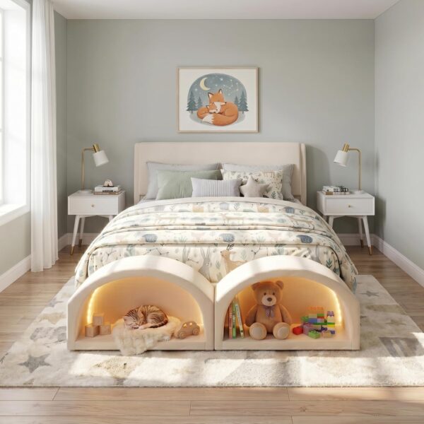 Cama de Plataforma Tapizada Christopher Knight Home Modelo 392326 Queen con Cuevas para Gatos Iluminación LED Terciopelo