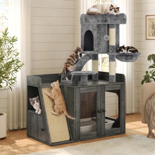 Árbol para Gatos Trygoal N704-Cat Tree-3 con Caja de Arena Puertas de Acrílico Transparente Luz RGB Tabla de Rascar de S
