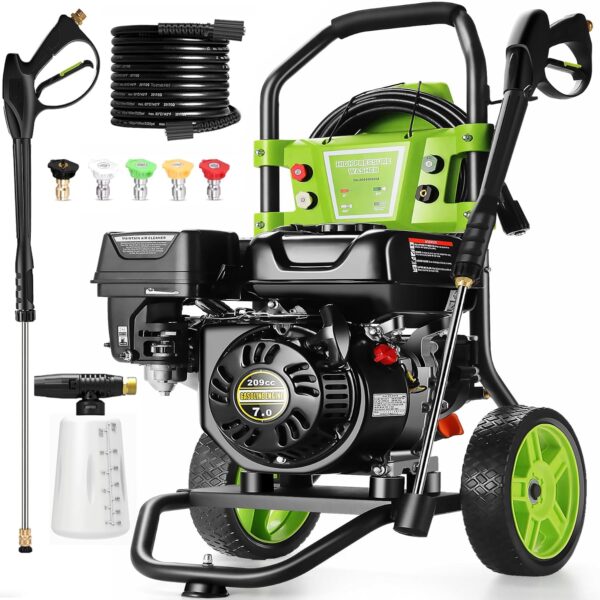 Hidrolavadora de Gasolina IvyBess Gas Pressure Washer 4200PSI 4GPM 7.0HP 209CC Manguera 25FT Ruedas 8 Pulgadas Verde
