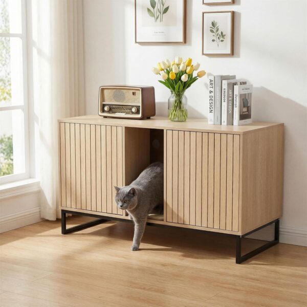 Mueble de Madera para Gatos Yafylly CatLitterBox47 con Alfombrilla Rascadora Doble Puerta y Marco de Metal 47.64 Pulgada