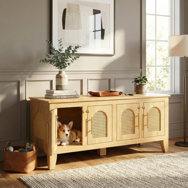 Casa para Perro Merax RY00885 Madera de Caucho y Ratán 4 Puertas Natural