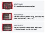 Set de Dados y Matraca TEKTON 3/8 Pulgada Cabeza de 12 Puntos Superficial Semi Profundo y Profundo 117 Piezas SKT16303
