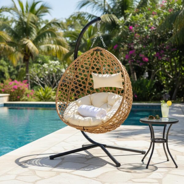 Silla Colgante Plegable GDFStudio 393867 de Ratán HDPE con Soporte de Acero Beige y Amarillo