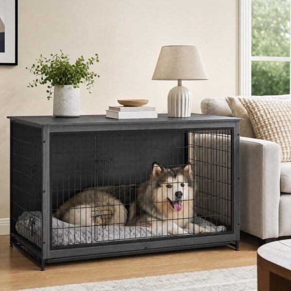 Mueble Jaula para Perros SONGMICS HOME UPFC005B01SH Madera de Ingeniería y Acero Doble Puerta Bandeja Extraíble Color Ne