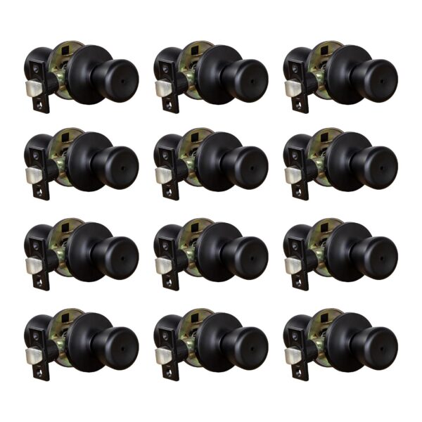 Design House Terrace Privacy Door Knob 12-Pack, 6-Way Universal Bed and Bath Lock, Matte Black, Adjustable Backset, ANSI