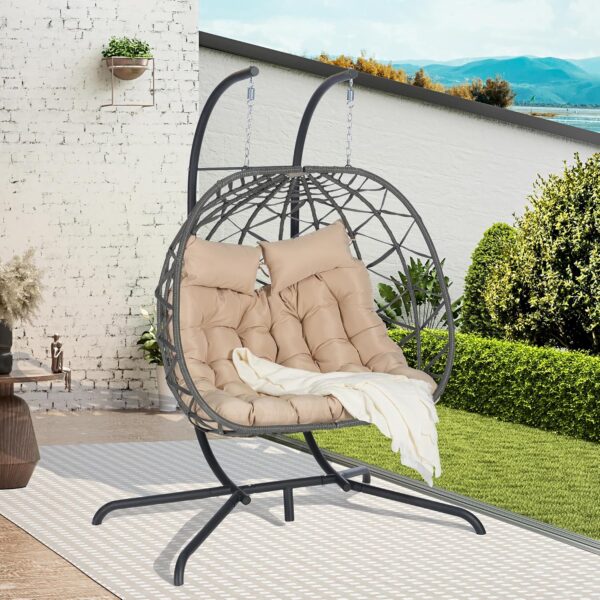 Silla Doble Colgante GDFStudio 394060 con Soporte Hamaca de Ratán Gris y Caqui para Interiores y Exteriores Capacidad 60