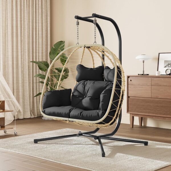 Silla Colgante Doble Bifanuo OT017 con Soporte para 2 Personas Capacidad 700 Libras Ratán Color Clásico Amarillo Negro