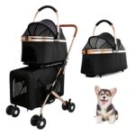 Carreola Doble para Perros y Gatos KEIKI HT04216 3 en 1 Convertible Plegable Ruedas Antivibración Negro