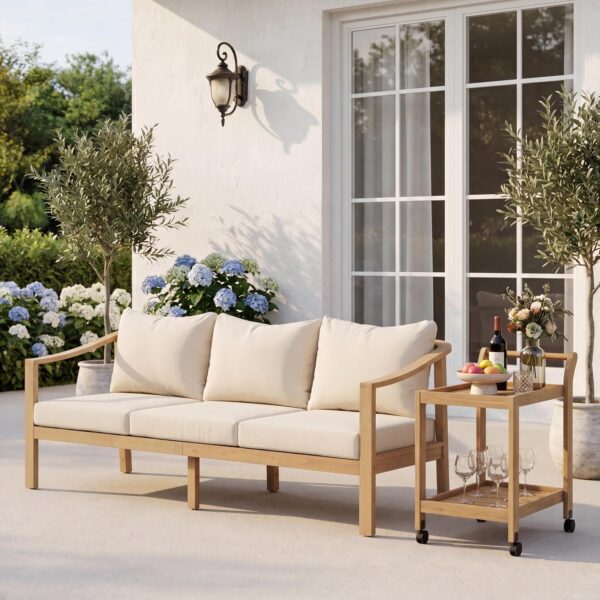 Sofá de 3 Plazas Merax Exterior Madera de Acacia 77.95 Pulgadas Teca Beige