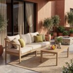 Sofá de 3 Plazas Merax Exterior Madera de Acacia 77.95 Pulgadas Teca Beige