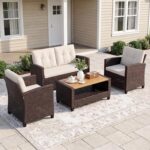 Juego de Muebles de Exterior FansaFurn 4 Piezas Mimbre Beige con Mesa de Madera de Acacia