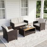 Juego de Muebles de Exterior FansaFurn 4 Piezas Mimbre Beige con Mesa de Madera de Acacia