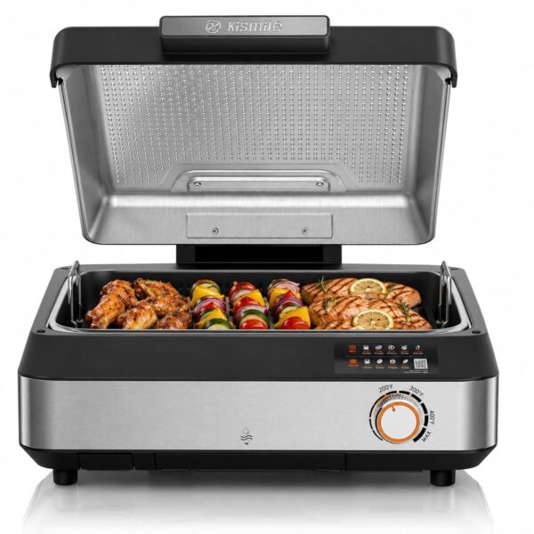 Kismile Smokeless Indoor Electric Grill with Adjustable Temperature Dial, Large Nonstick BBQ Grill with Stainless Steel