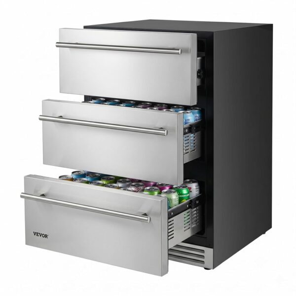 VEVOR 3-Drawer Refrigerator, 24 in Undercounter Beverage Cooler, Large Capacity Drink Fridge, 3 Separate Storage Zones,