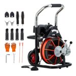 100FT Drain Auger Machine, 1/2 Inch Carbon Steel Cable Professional Sewer Snake with Auto Feed & Foot Switch, 10 Cutters
