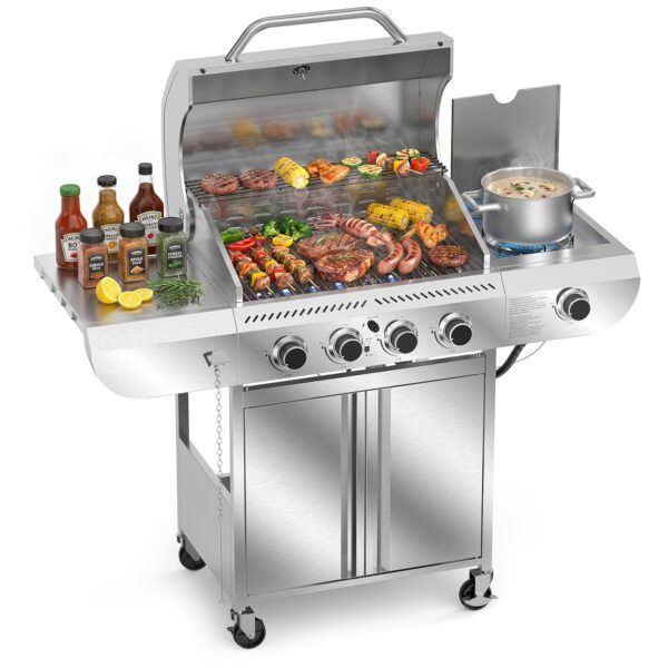 Asador de Gas Electactic JD-4B Acero Inoxidable 4 Quemadores Más Quemador Lateral 42000BTU con Termómetro