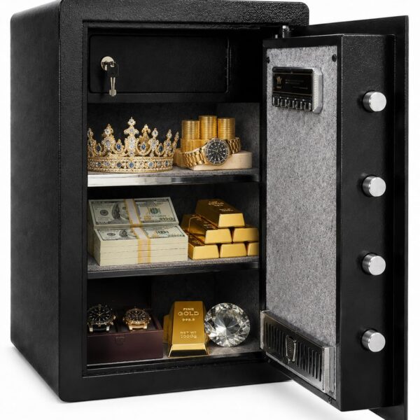 Steel Safe Box, 3.5 Cubic Feet Security Safe with Digital Keypad, Removable Shelf, Alarm System, Protect Cash, Gold, Jew
